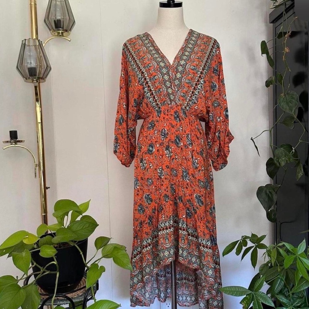 Umgee Orange Boho Paisley Maxi Dress High Low V-Neck Elastic Waist Small